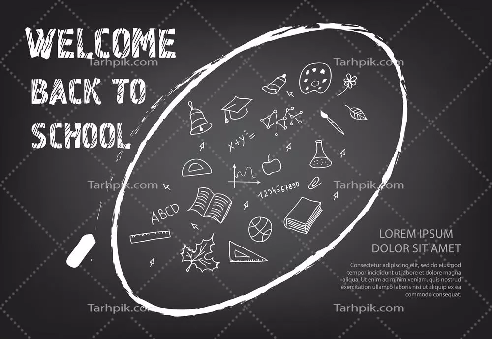 وکتور دودل های خوشامدگویی به مدرسه با طراحی نوشته و الگوی بیضی در فضای گچی