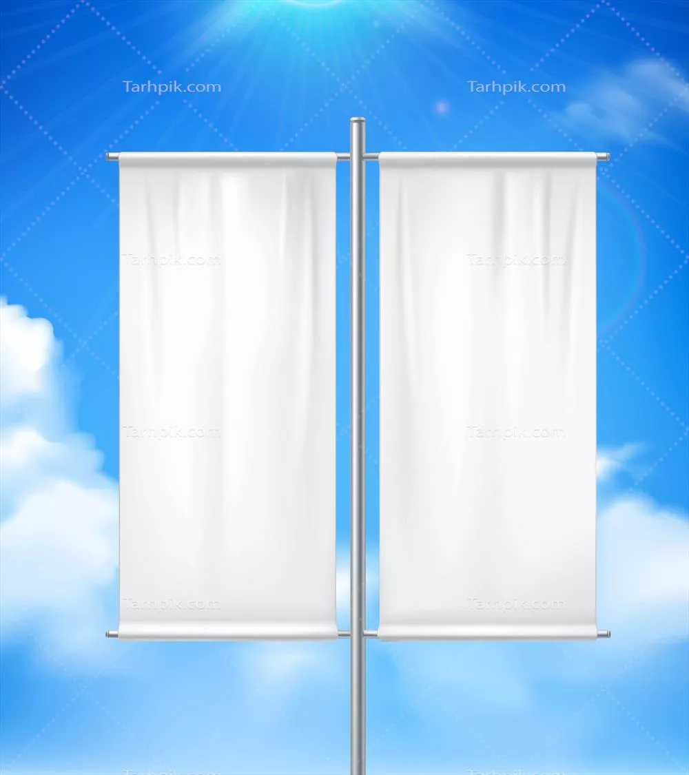 وکتور تبلیغ پرچم دوتایی سفید و واقع‌گرایانه برای فضای باز