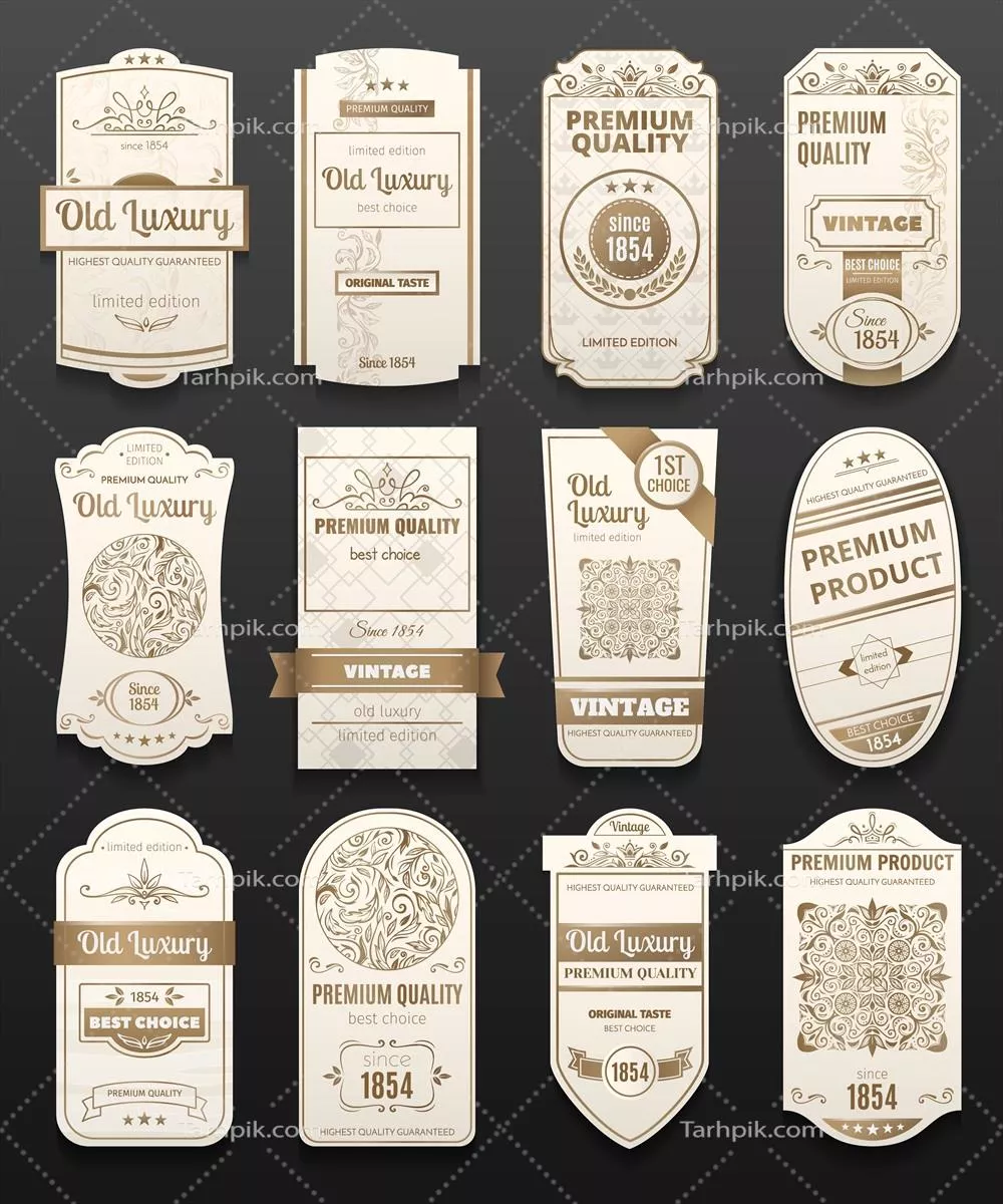 وکتور طراحی شیک و لوکس برچسب‌های وینتیج و سفیدطلایی با اشکال مختلف
