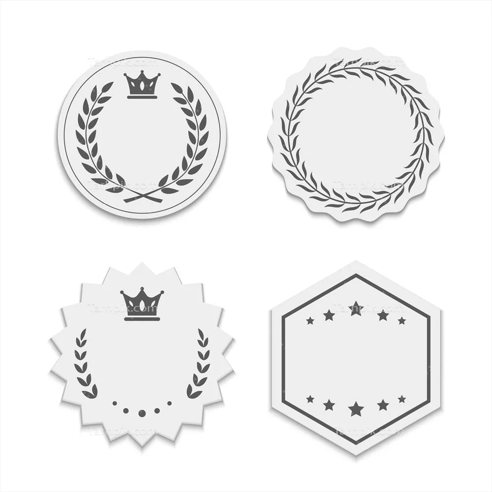 وکتور برچسب‌های سفید با تاج و گل‌برداری؛ استیکرهای زیبا و متنوع با حاشیه و اشکال مختلف