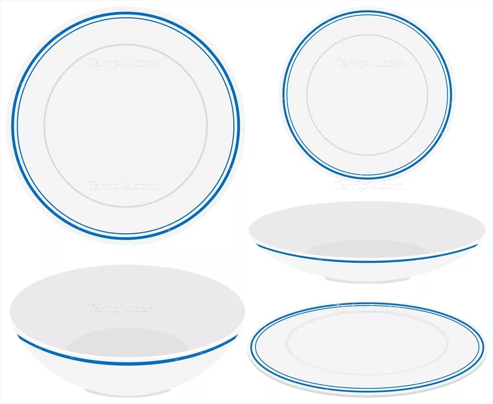 طرح وکتوری از بشقاب‌های سفید با حاشیه آبی رنگ