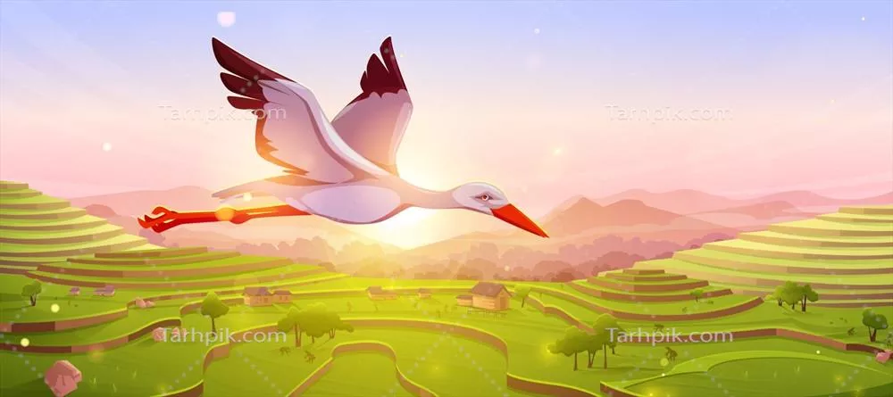 وکتور پرنده افسانهای لکلک سفیدی که در آسمان در حال پرواز در غروب یا طلوع خورشید است