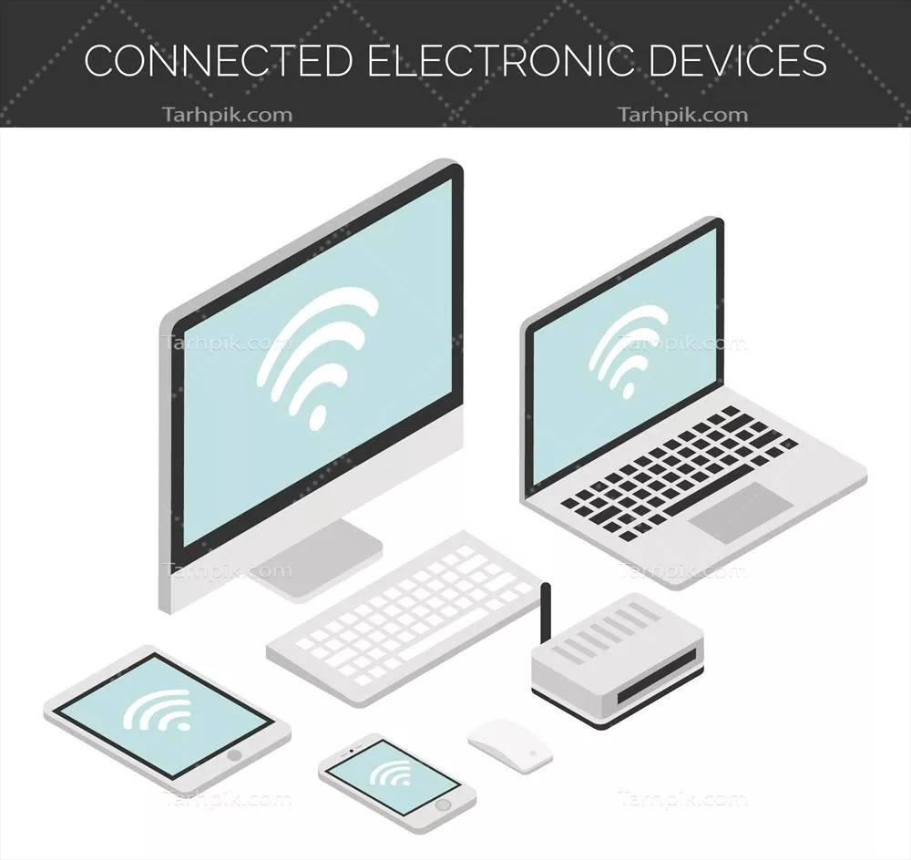 وکتور طرح ایزومتریک با چندین دستگاه الکترونیکی و پسزمینه وایفای