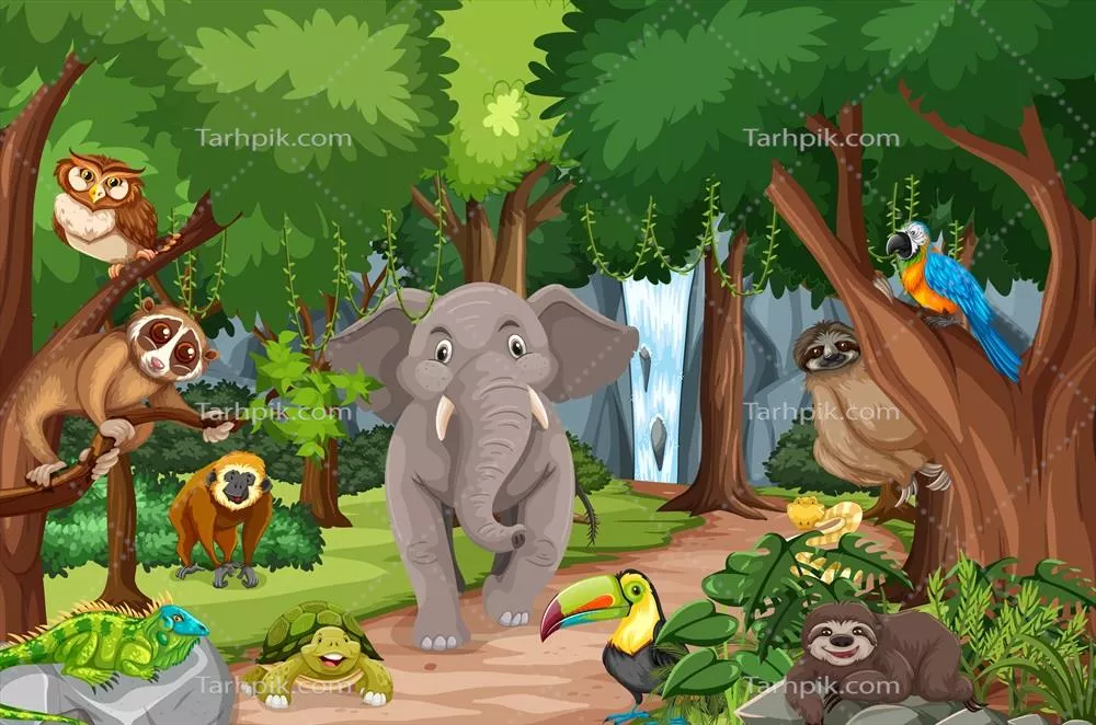 شخصیت کارتون حیوانات وحشی در صحنه جنگل به صورت وکتور
