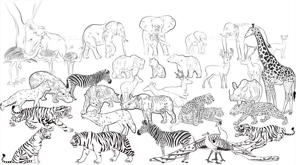 وکتور طرح سیاهسفید سیلوئت حیوانات وحشی در طبیعت