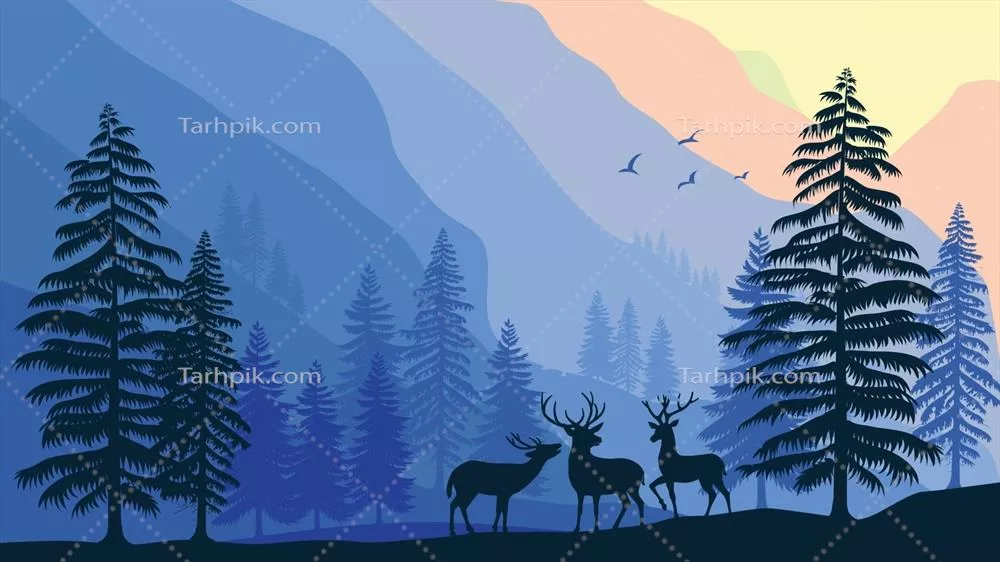 تصویر وکتوری از حیات وحش: گوزن در طبیعت جنگل و چشماندازهای زیبا