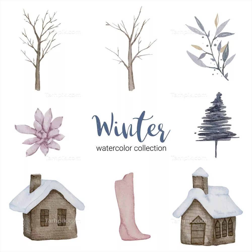 وکتور مجموعه آبرنگی مخصوص زمستان با اقلام هنری برای مصارف خانگی