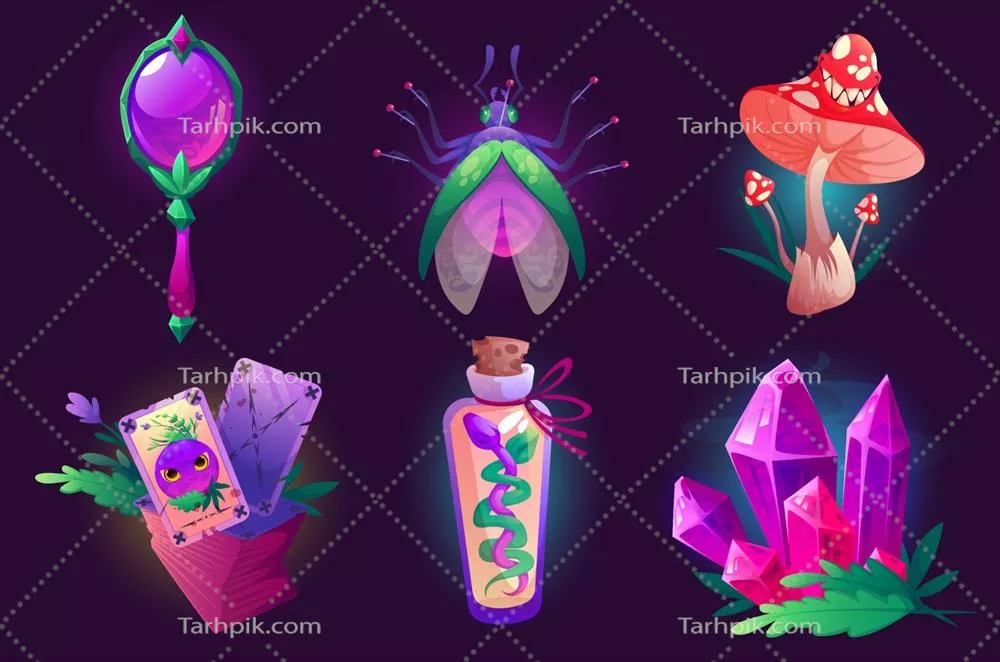 وکتور ست آیکون‌های جادوگری، جادوگران و وسایل جادویی در کارتون