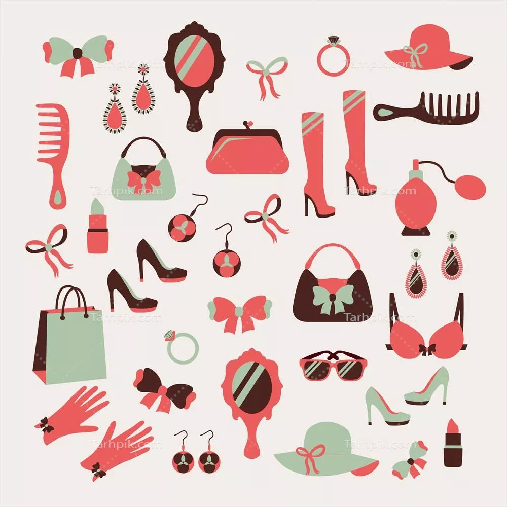 مجموعه آیکون‌های لوازم جانبی زنانه به صورت وکتور و کیفیت بالا