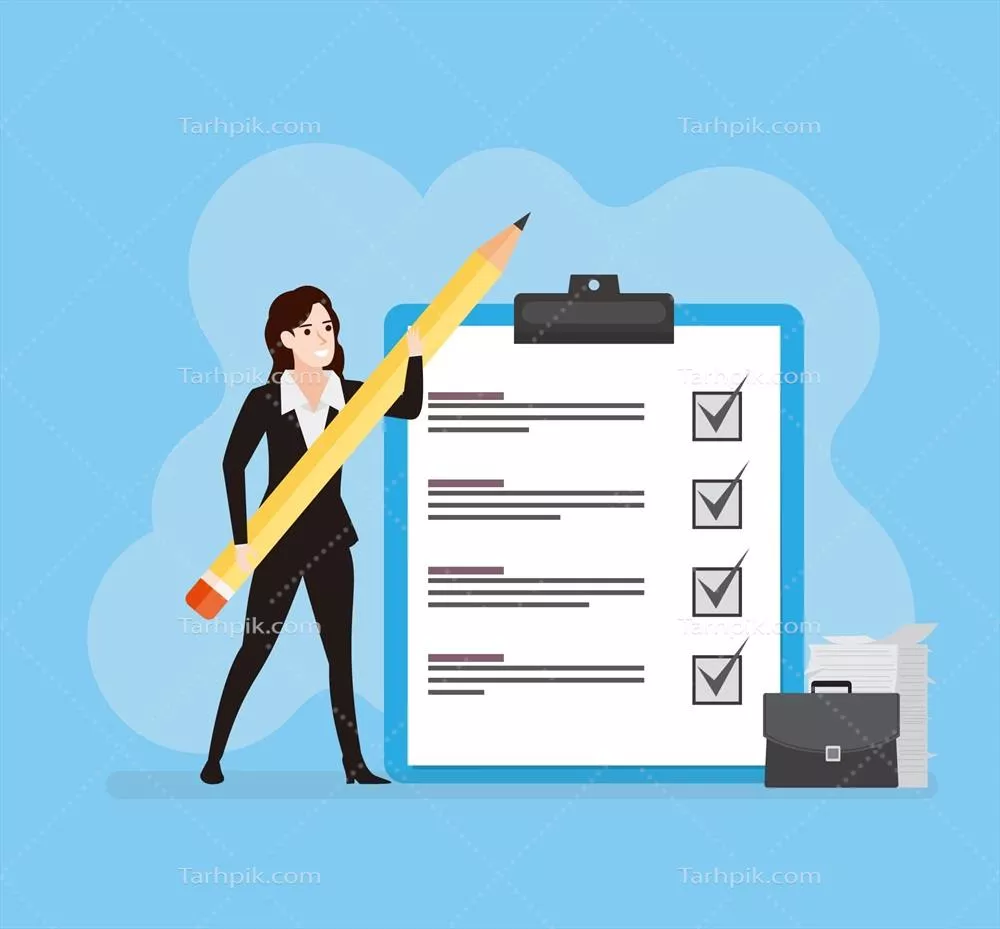 زنی که در حال بررسی لیست بزرگ چک در پس‌زمینه وکتور است