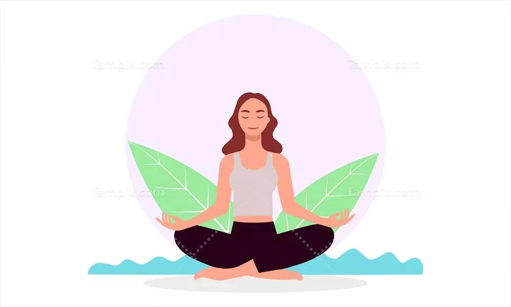 وکتور مراقبه زنانه در دل طبیعت و چرخش برگ ها: یک تصویر مفهومی زیبا