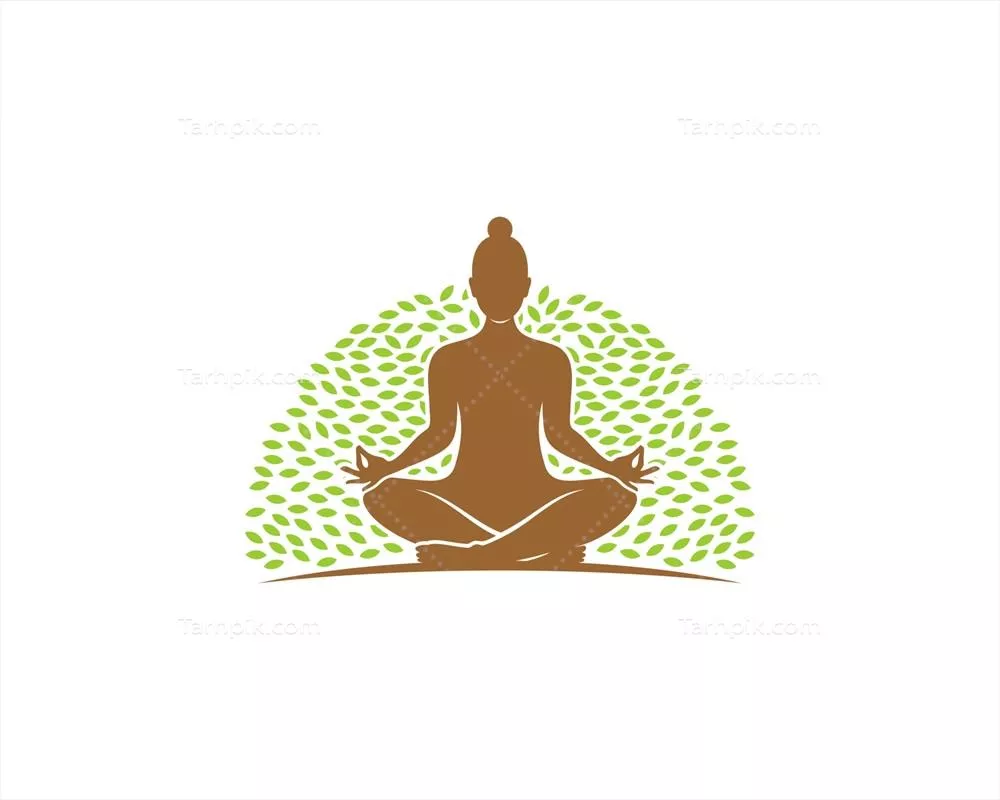 وکتور زن در حال مدیتیشن با طبیعت و برگهای زیبای پشت سرش