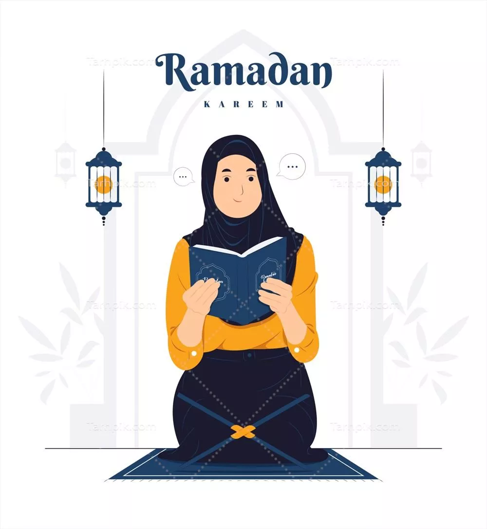 وکتور زن در حال عبادت و قرائت قرآن در ماه رمضان کریم