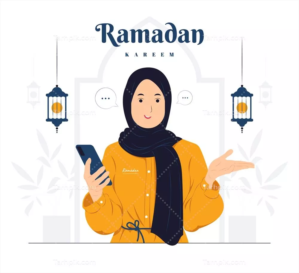 وکتور زنی با دست در حال نگه داشتن گوشی هوشمند در ماه رمضان کریم