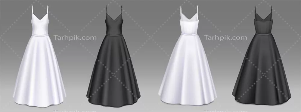 وکتور مدل لباسهای زنانه: گونسهای بلند سفید و سیاه با طراحی خاص