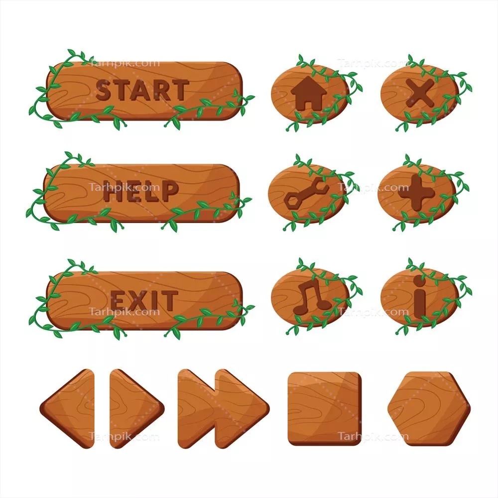 وکتور مجموعه گرافیکی دکمههای چوبی برای رابط کاربری بازی و طراحیها