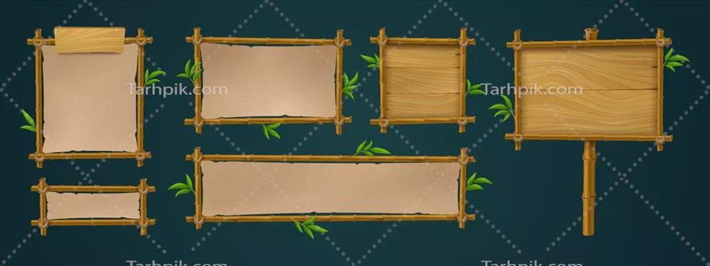 مجموعه وکتور UI بازی با کادر تابلو چوبی و بامبو