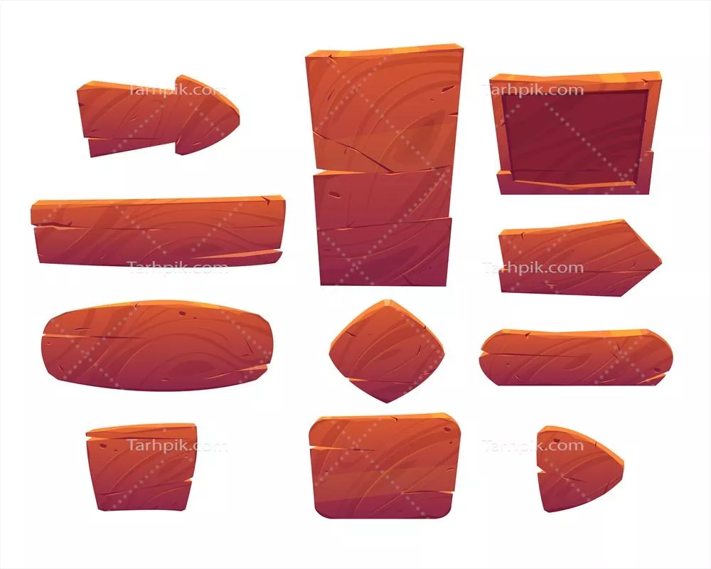 عناصر رابط کاربری بازی: دکمه‌های چوبی و تابلوهای چوبی با کیفیت وکتور