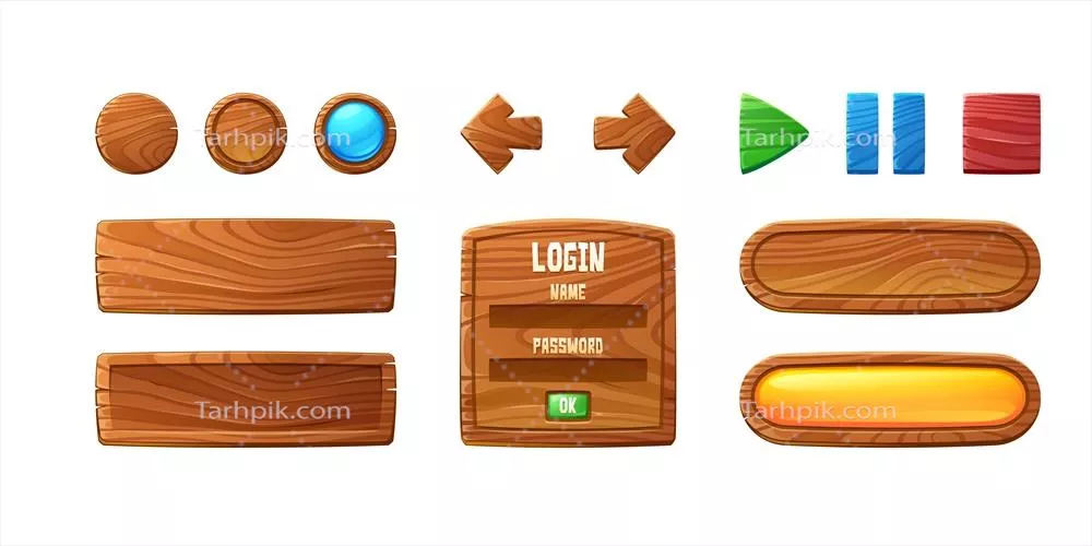 وکتور طراحی رابط کاربری با دکمه های چوبی برای بازی و ویدئو پلیر با طراحی کارتونی