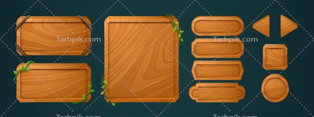 وکتور ست آیکون‌های منوی کارتونی با دکمه‌های چوبی برای بازی‌ها