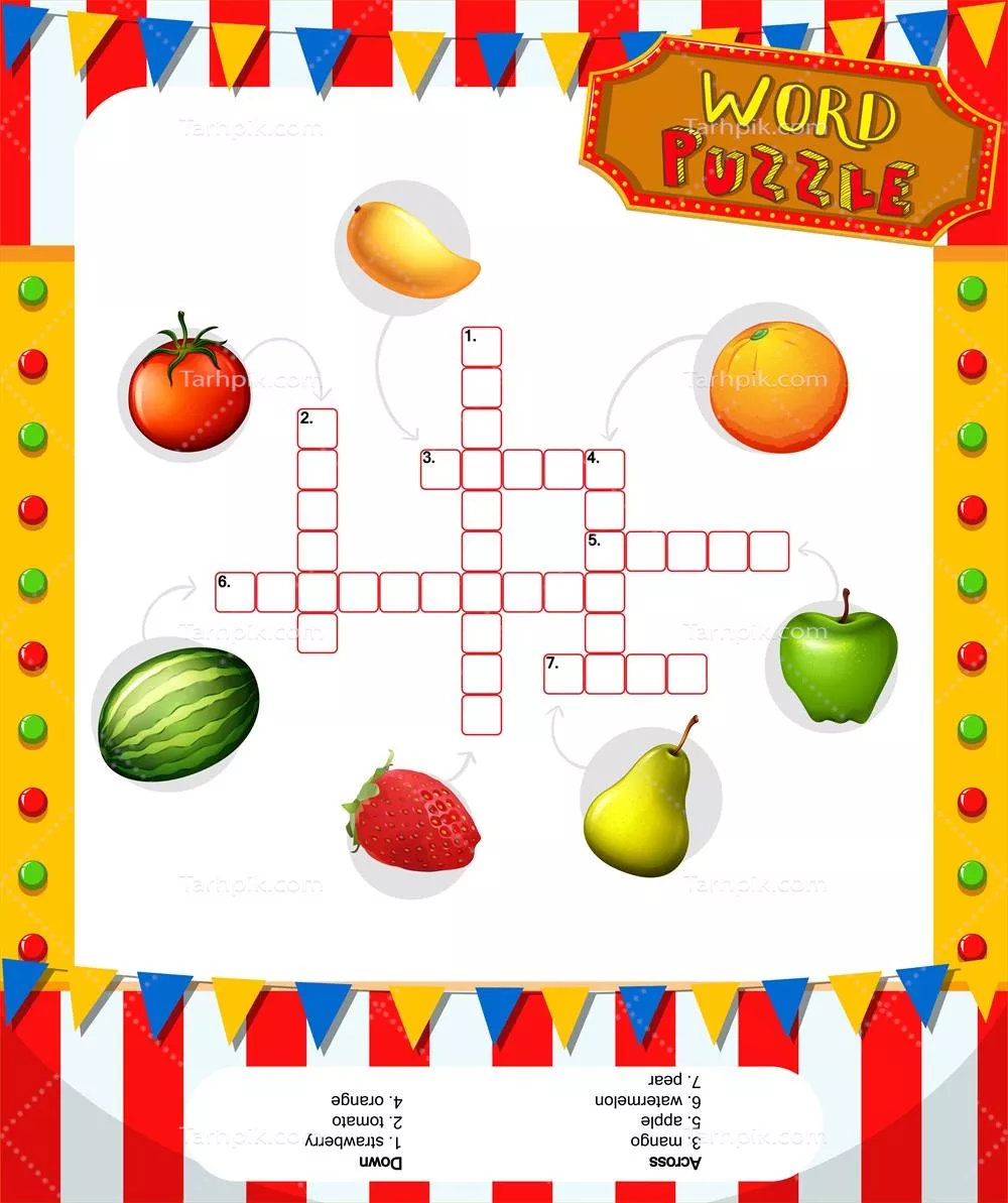 الگو بازی پازل کلمات با میوهها به صورت وکتور و طراحی جذاب