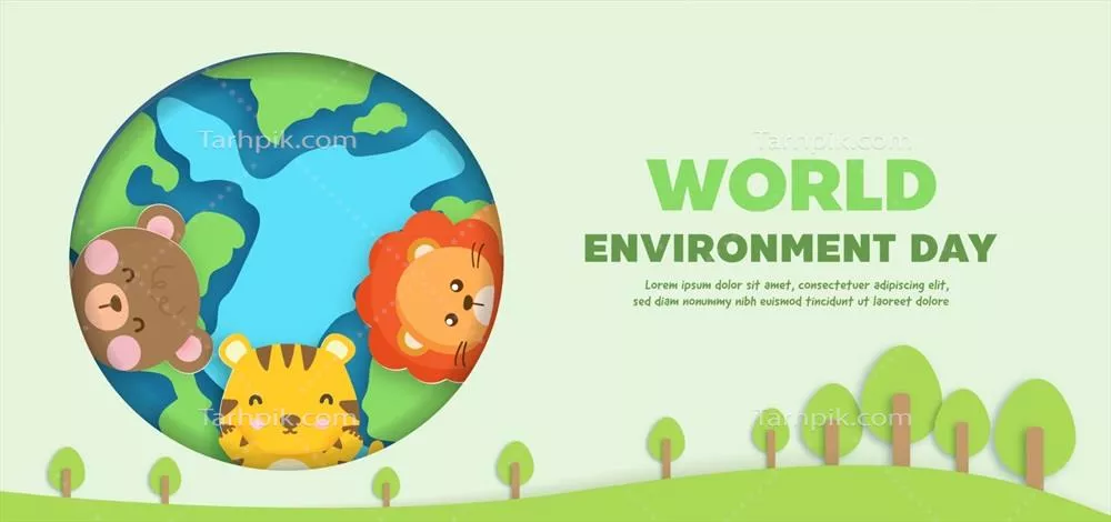 وکتور بنر روز جهانی محیط زیست با طراحی کاغذی و حیوانات زیبا و جذاب