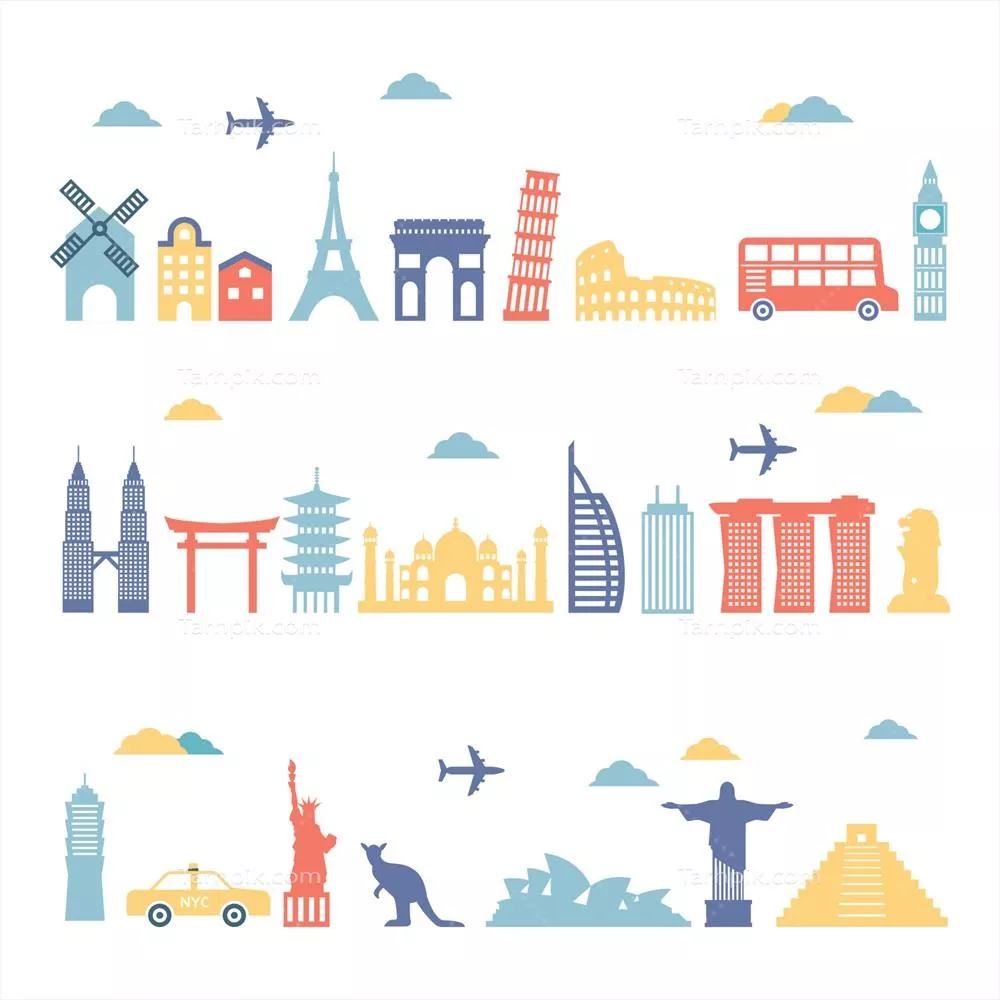 وکتور مجموعه آیکون‌های نمادین landmarks جهانی برای طراحی و گرافیک