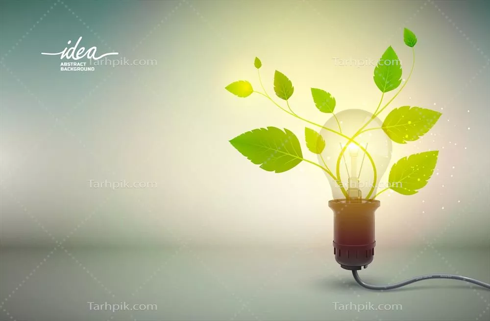 وکتور پوستر انتزاعی لامپ زرد با ایده و تجهیزات الکتریکی و رشد گیاه سبز