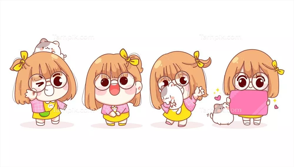 وکتور تصویر کارتونی از یک دختر جوان با حرکات مختلف و علامت خوشحالی