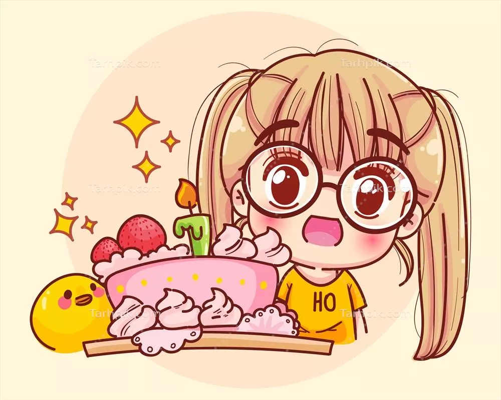 وکتور تصویر کارتونی دختر جوان در جشن تولد با کیک و شادی