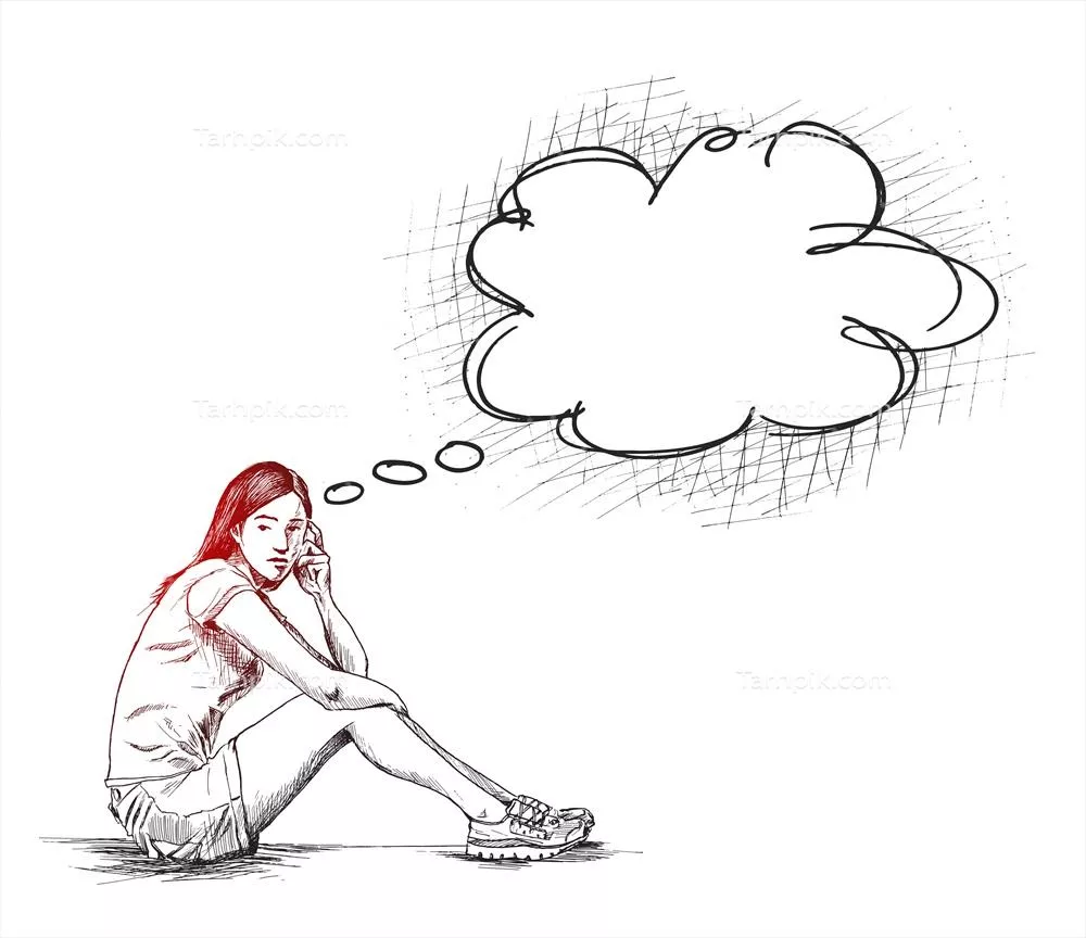 وکتور زن جوان هندی در حال تفکر با حباب تفکر بر روی پسزمینه سفید