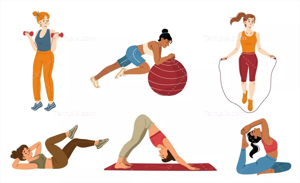 وکتور مجموعه تصویرسازی تخت جوانان زن در حال ورزش و تناسب اندام