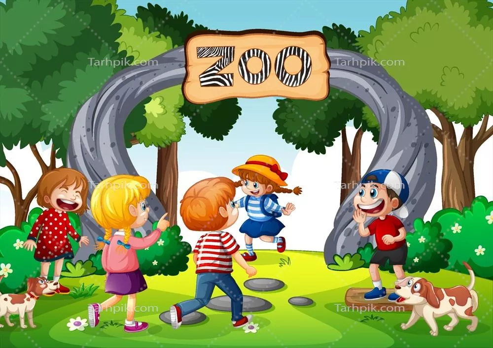 وکتور نمایی از دروازه ورودی باغ وحش با حضور تعداد زیادی کودک شاد و پرانرژی