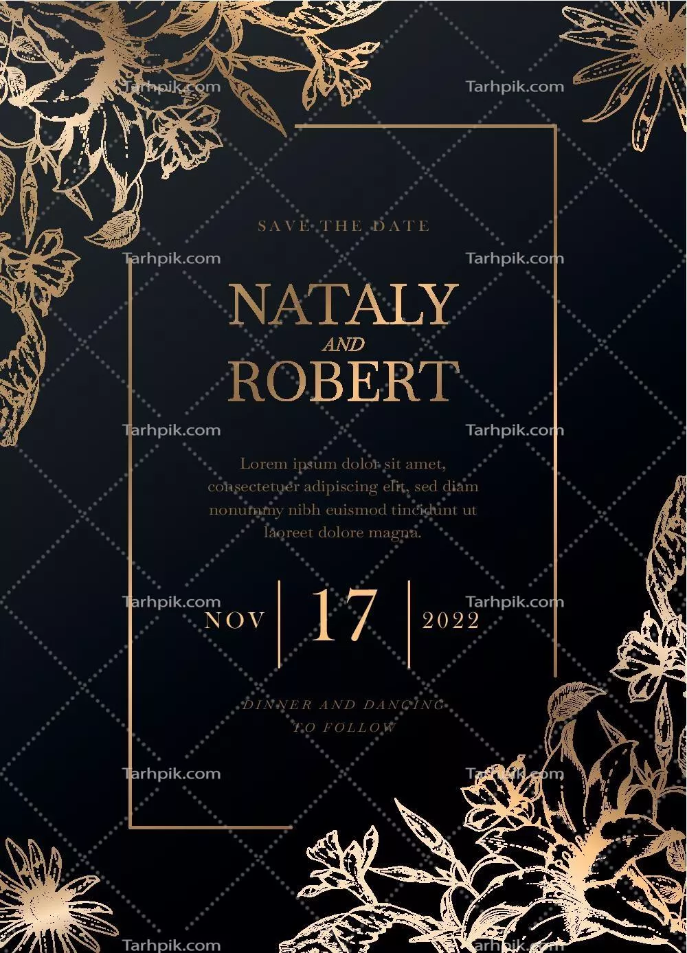 کارت دعوت عروسی با طراحی وکتور مشکی و طلایی با جزئیات شیک