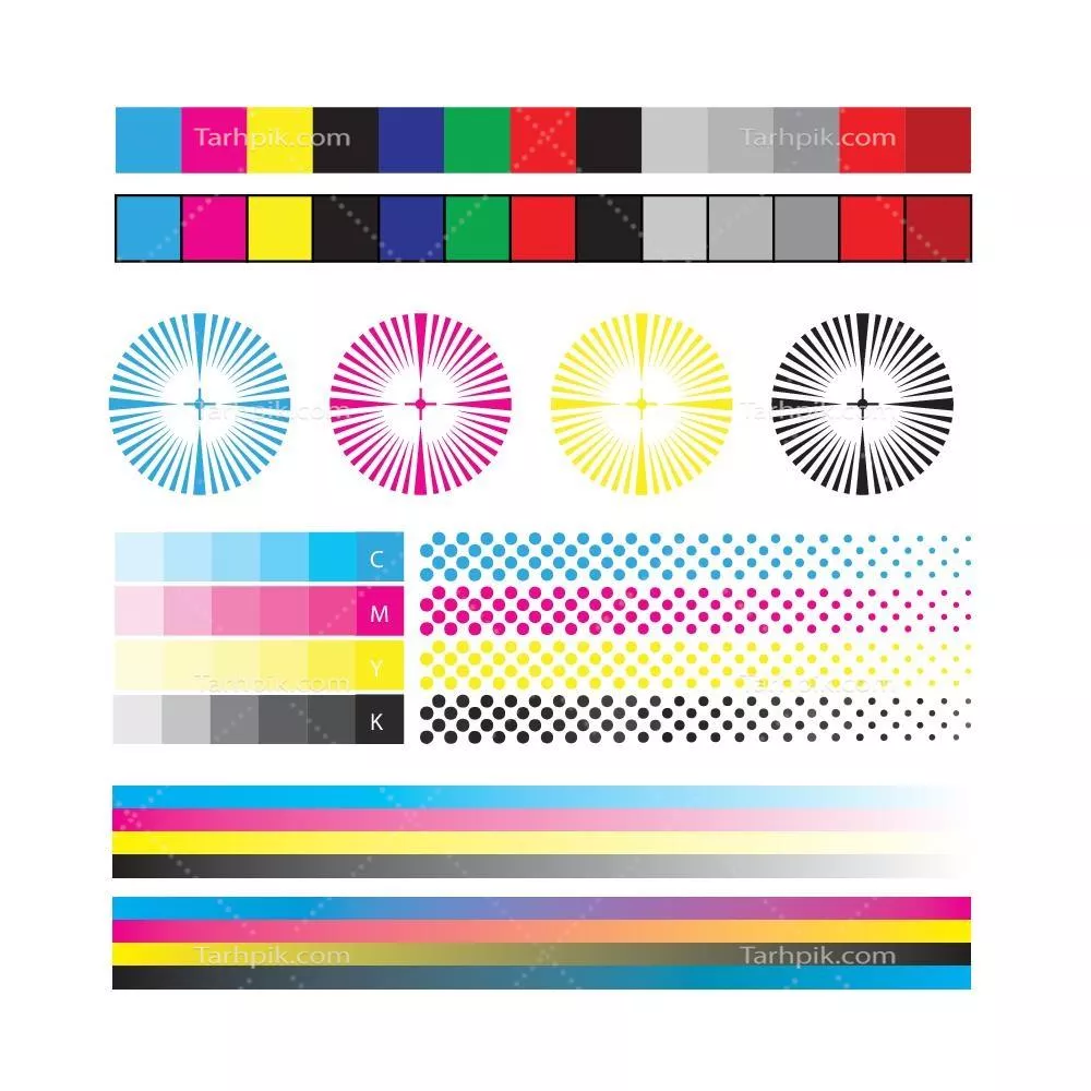 مجموعه عنصر کالیبراسیون CMYK وکتور برای چاپ با کیفیت