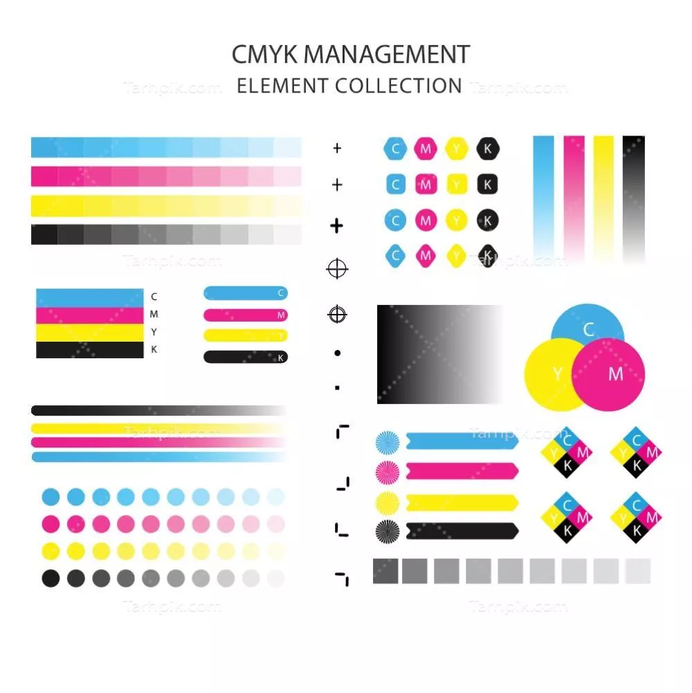 مجموعه اجزای کالیبراسیون CMYK برای طراحی و گرافیک وکتور