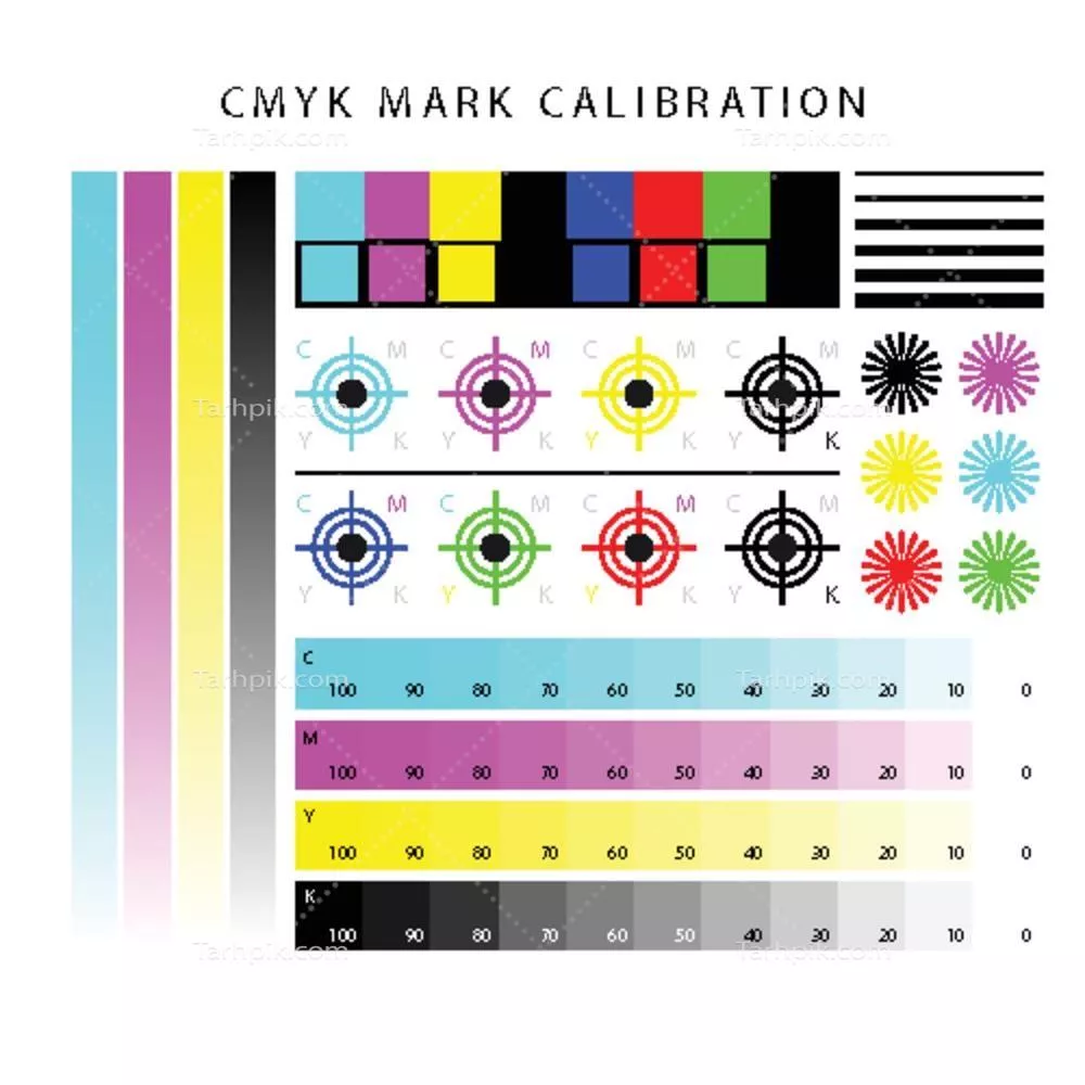 وکتور مجموعه عناصر کالیبراسیون CMYK برای طراحی و چاپ حرفهای