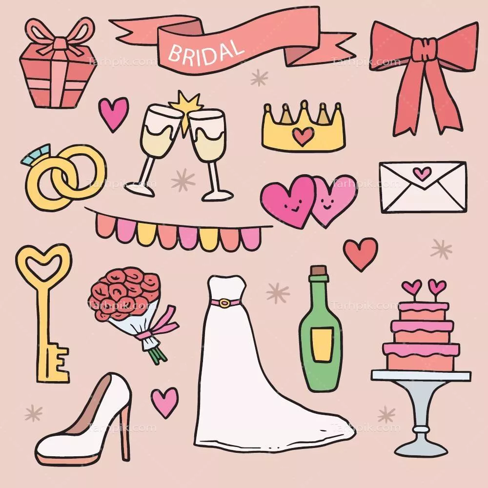 مجموعه لوازم جانبی جشن دوش عروس با طراحی دستی و وکتورهای زیبا