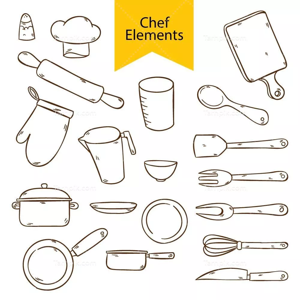 مجموعه عناصر آشپزخانه دستی ترسیم شده با کیفیت بالا و وکتور