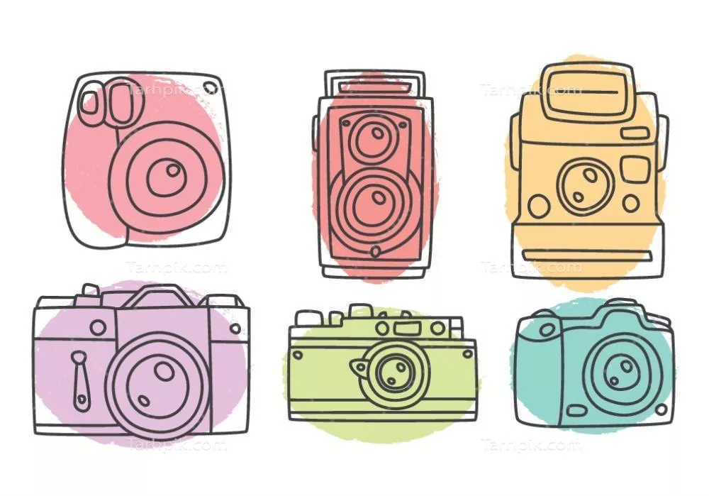 وکتور مجموعه‌ای از طرح‌های دوربین رنگی به سبک دست‌کشیده و متنوع