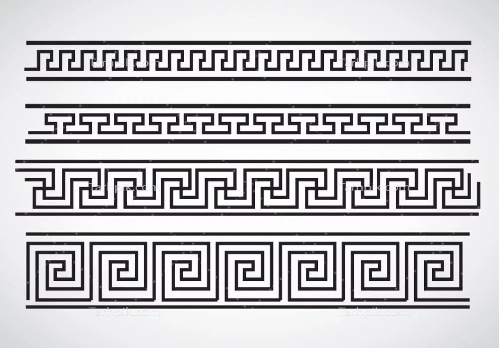 وکتور مجموعه‌ای از الگوهای متنوع با حاشیه‌ سیاه یونانی بر روی زمینه‌ سفید