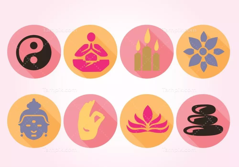 مجموعهای از نمادهای مختلف بودا در شکل دایرهای و وکتوری