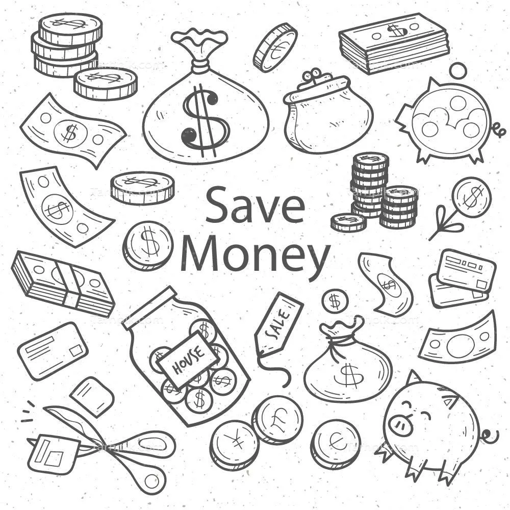 مجموعهای از طرحها و عناصر مربوط به پول به صورت وکتور