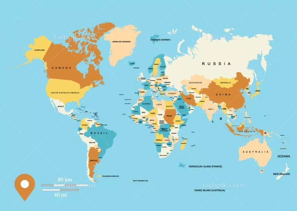 نقشه جهانی رنگارنگ و وکتوری با نامها و مناطق جالب و جذاب