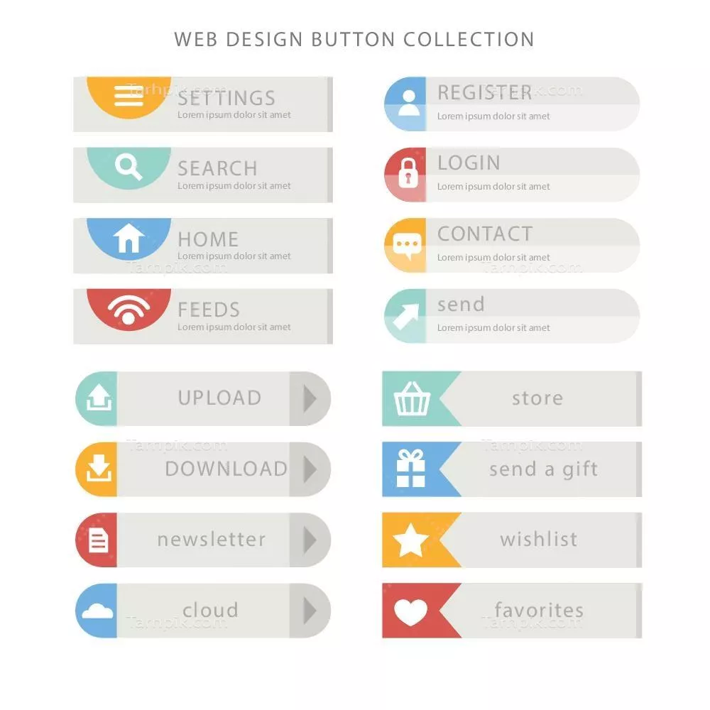 مجموعه دکمه‌های طراحی وب رنگارنگ با طراحی تخت و وکتور