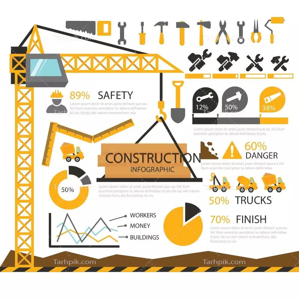 وکتور انفوكرافيك عناصر ساختمانی و جزئیات وابسته به ساخت و ساز