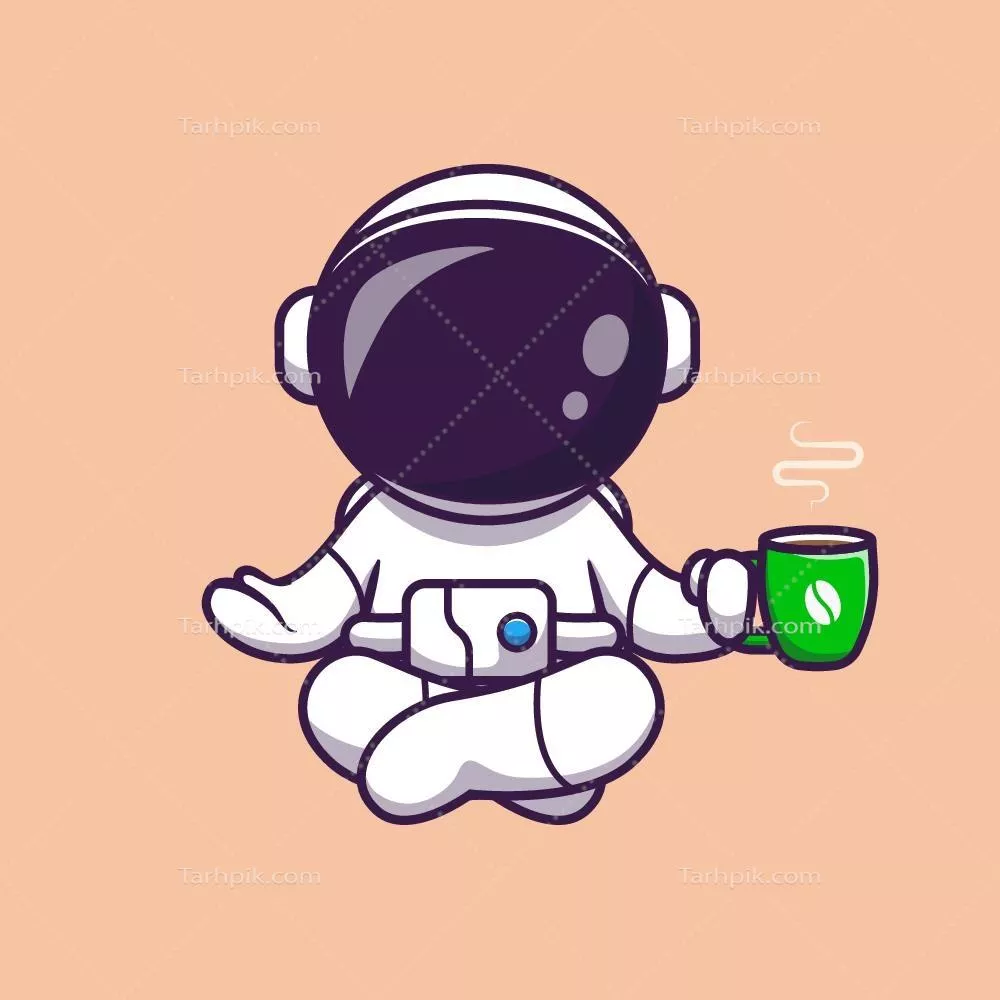 فضانورد کارتونی بانمک با فنجان چای در دست - تصویر وکتور