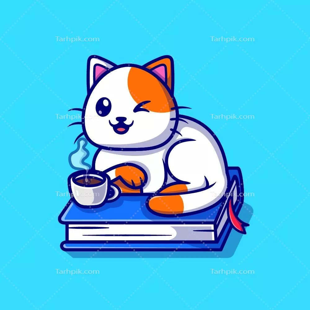 گربه بامزه روی کتاب همراه با فنجان چای - طراحی وکتور