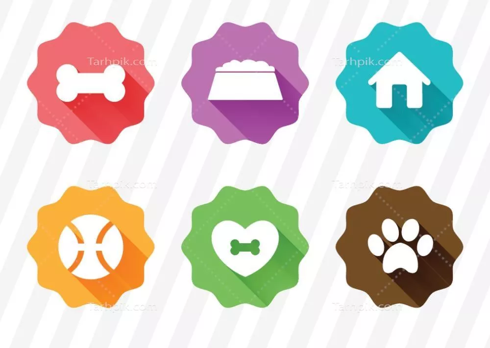 وکتور مجموعه آیکونهای تولهسگ فلت با سایههای بلند و رنگارنگ بر روی پسزمینه راهراه