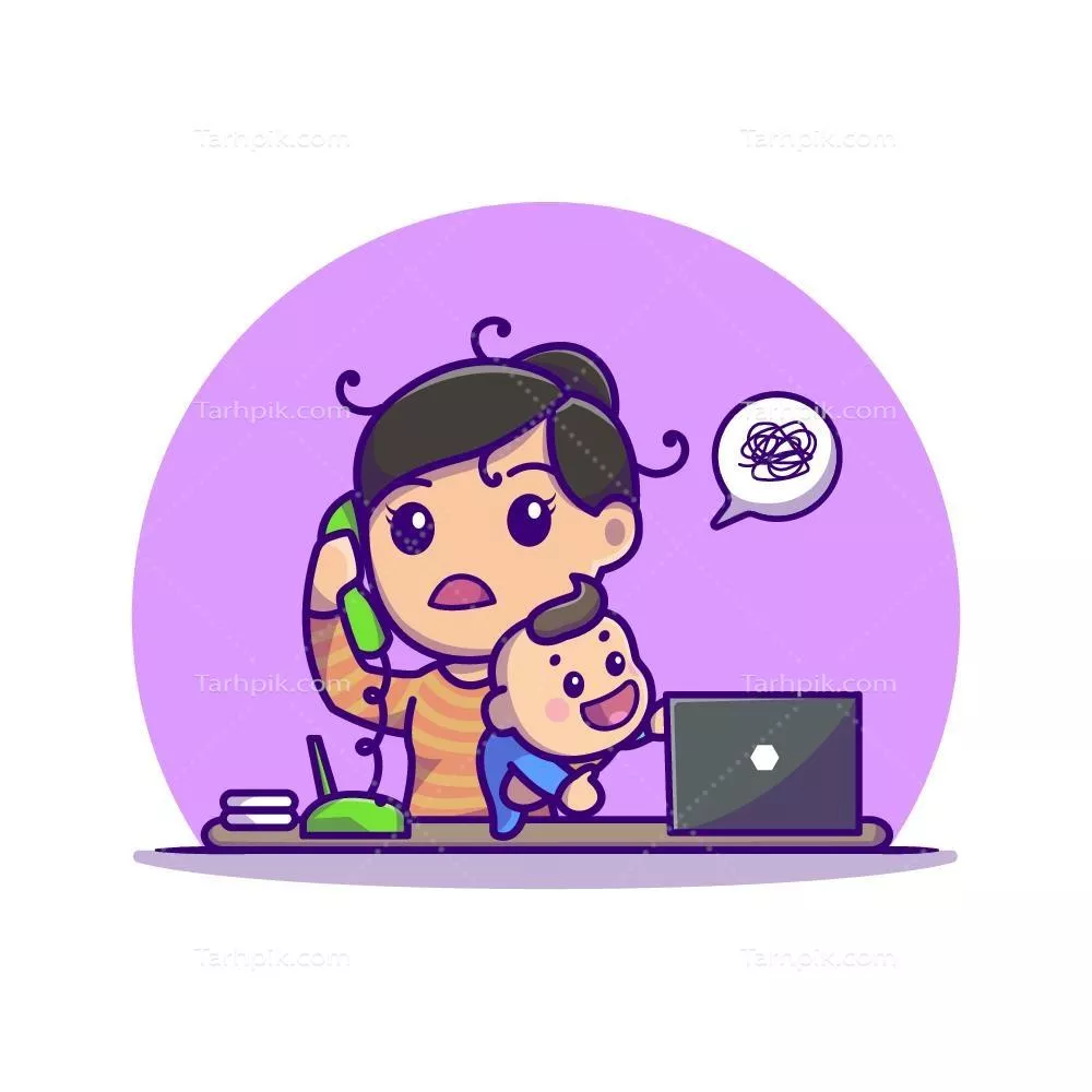 وکتور مادر کارمند خانه با لپ‌تاپ و فرزند در حال کار با لندر